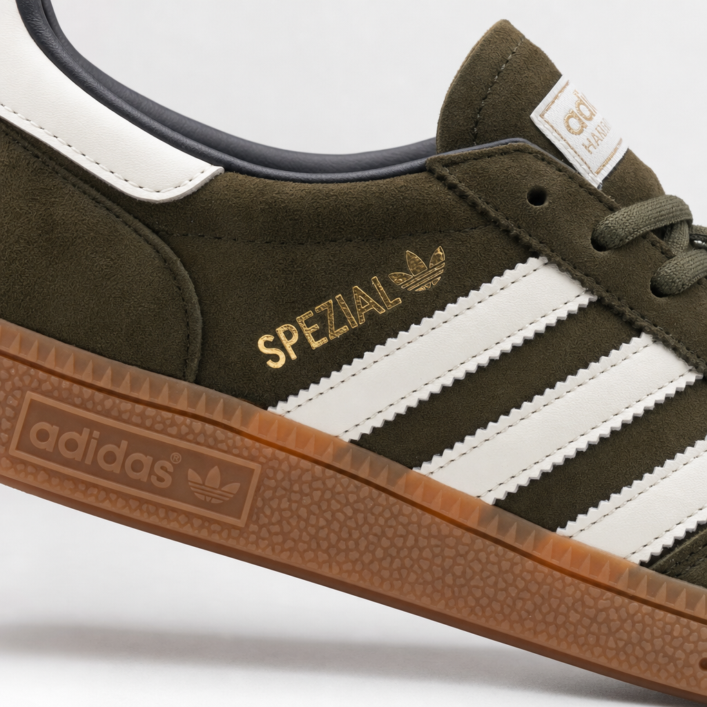 Adidas Handball Spezial - Olive / White – детал на материјалот и страничните линии