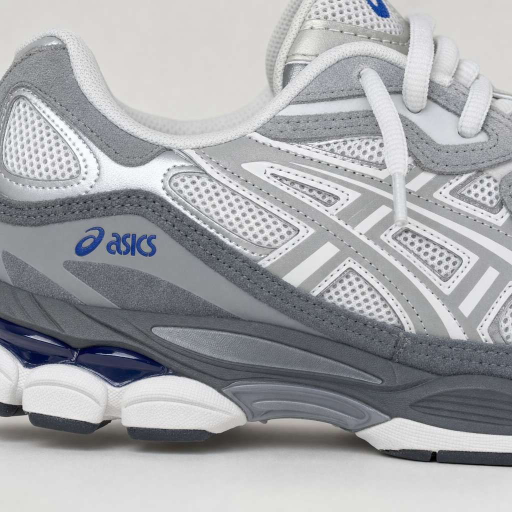 ASICS GEL-NYC - White / Grey / Blue – детал на материјалот и страничните линии
