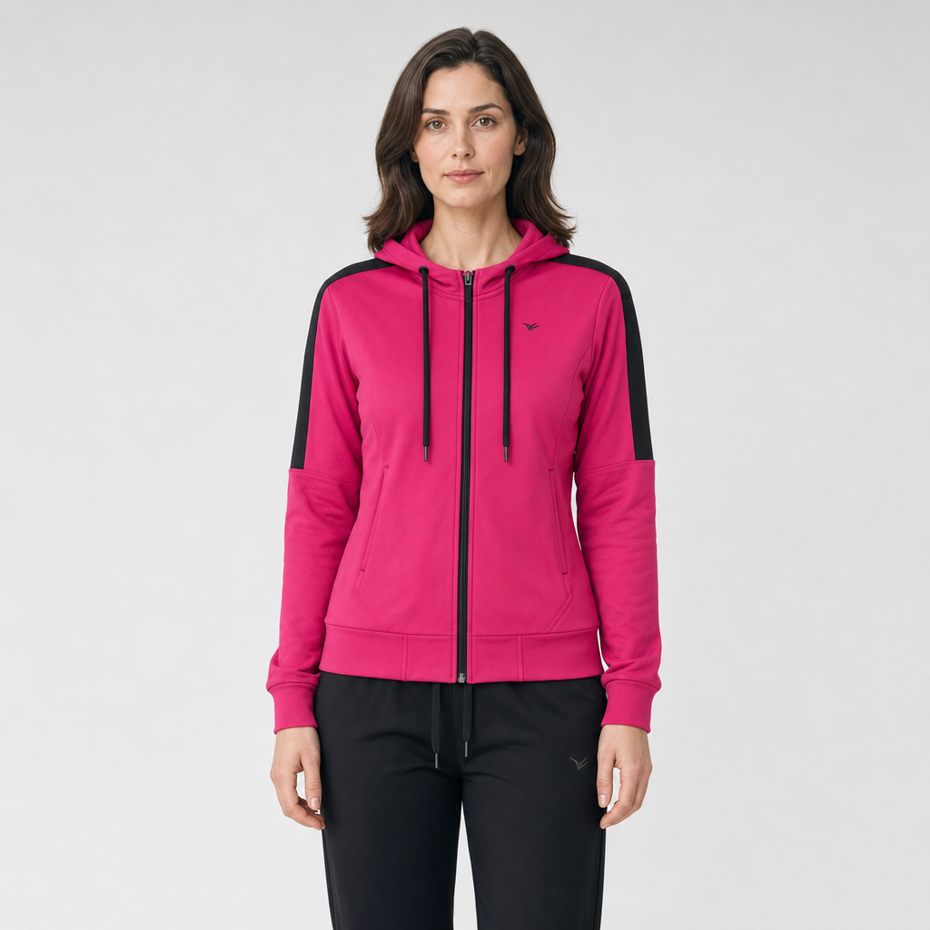 Женски комплет тренерка со капа фуксија црно - детаљ на горниот дел