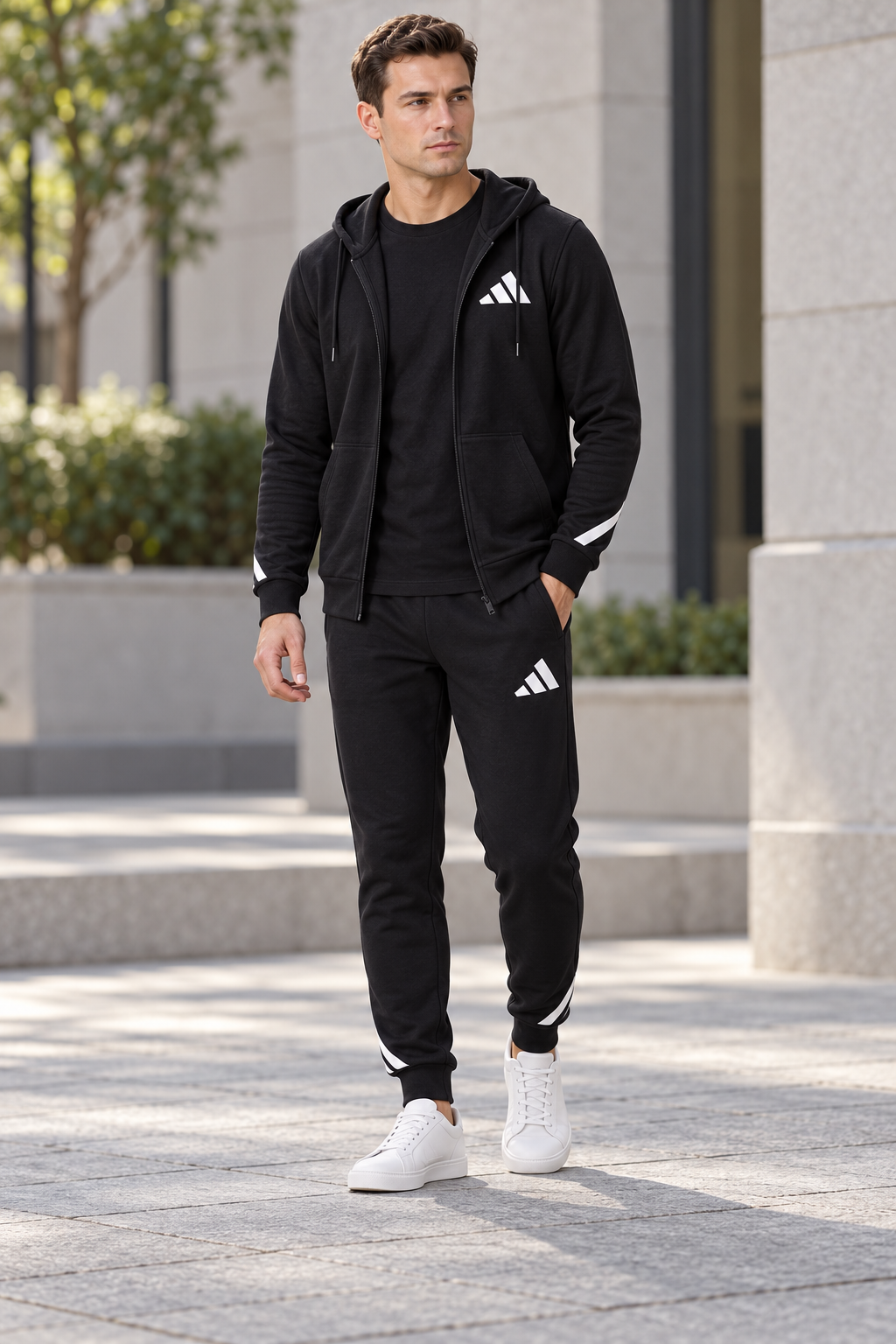 Adidas Accent Zip - Men Black/White — изглед на модел во градска сцена