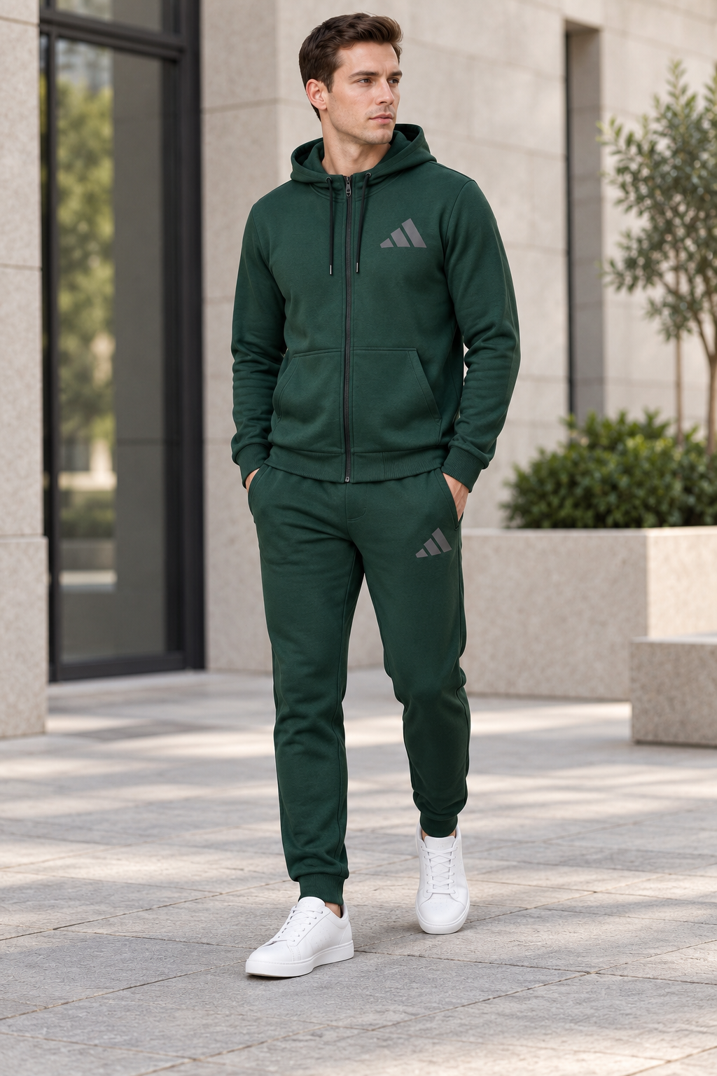 Adidas Logo Zip - Men Forest Green — изглед на модел во градска сцена