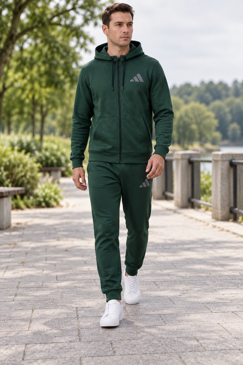 Adidas Logo Zip - Men Forest Green — изглед на модел на прошетка